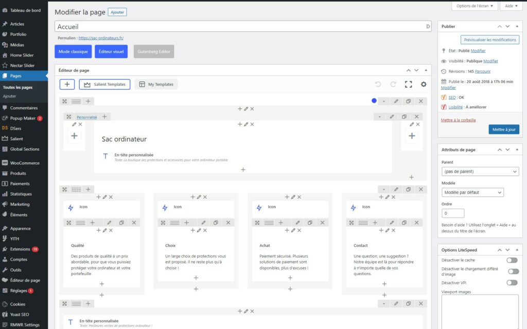 Modification d'une page avec le thème Salient en mode administration