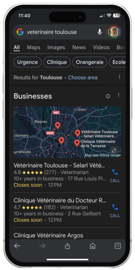 Recherche vétérinaire toulouse sur google